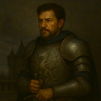 Portrait of Fleetwood as previously defined: a tall, broad‑shouldered man with angular, brooding features reminiscent of Richard Armitage, dark hair swept back with a few loose strands, deep‑set eyes carrying quiet intensity. He wears the armor of the Order of the Silver Dragon — elegant, weathered silver plate with subtle draconic filigree, a high‑collared navy undercoat, and a flowing midnight‑blue cloak clasped with a silver dragon‑wing brooch. The armor bears faint scars of age and battle, polished but not pristine. Soft, cool light catches the edges of the silver, giving him a solemn, mythic presence. Behind him, the dim interior of Argynvostholt’s study fades into shadow: cracked stone, tattered banners, and drifting dust motes illuminated by pale window light. The mood is noble, haunted, and resolute.