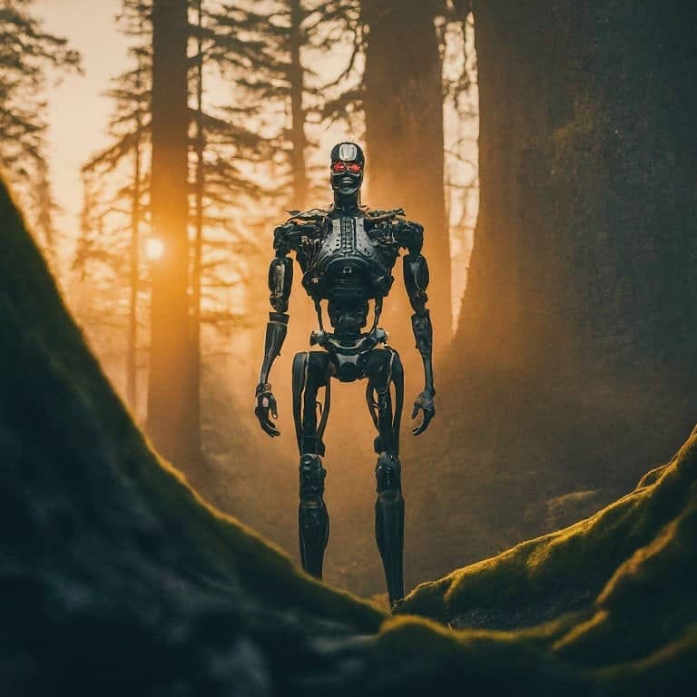 AI image of a cyborg soldier in the forest