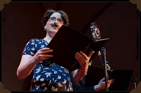 photos of people in 1940's costumes onstage with with microphones