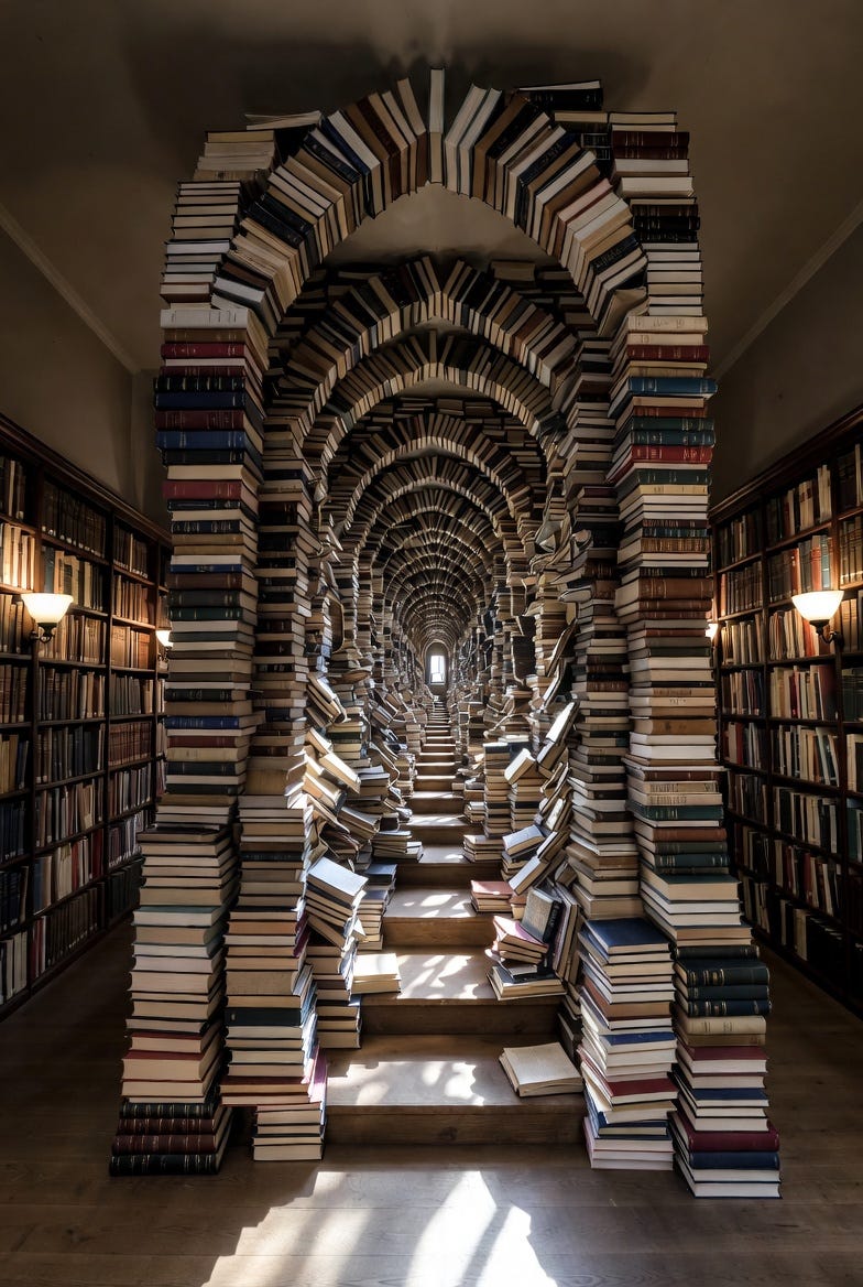 A photograph of a book and document cathedral in a library, with Gothic arches and dim lighting.