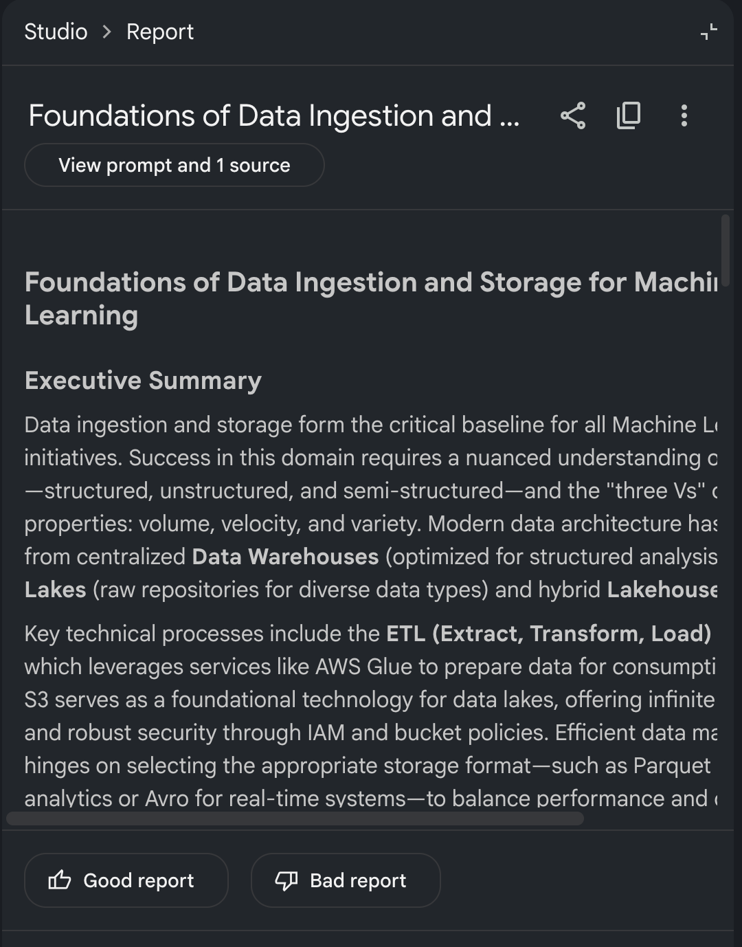 Screenshot of the beginning of a report written by Gemini Notebook