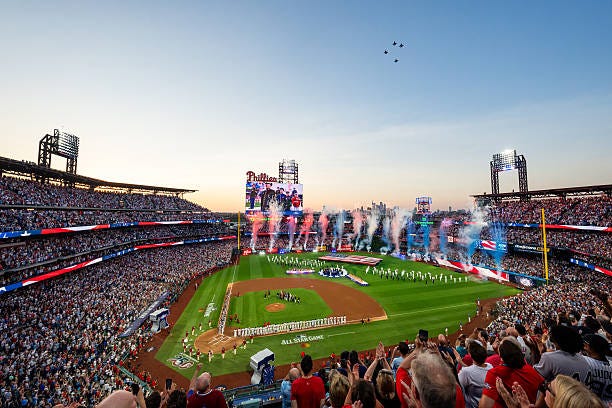 General view of Citizens Bank Park during the National Anthem prior to the 2026 MLB All-Star Game on July 14, 2026 in Philadelphia, Pennsylvania.