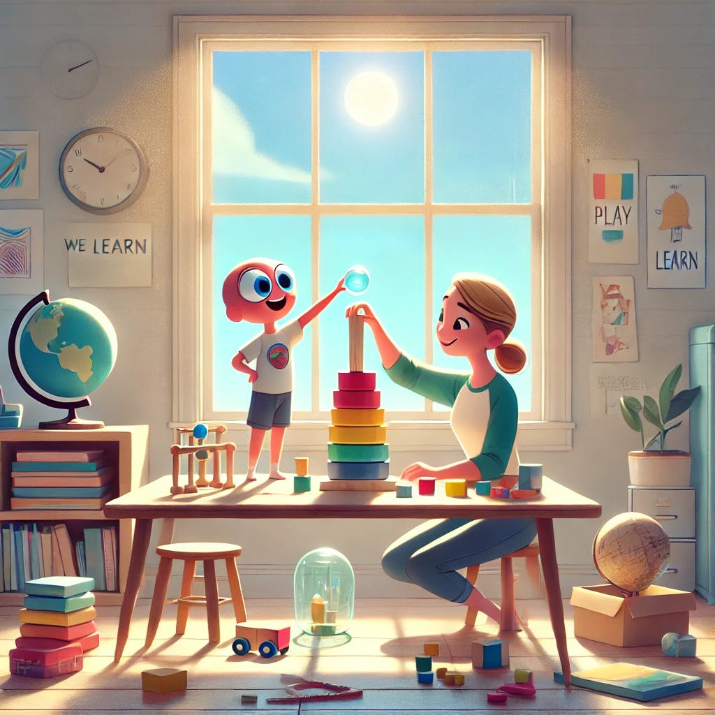 A cartoon-style illustration emphasizing that play is the only way we learn, inspired by Pixar's visual charm, with a simplified and less crowded composition. The image focuses on a single child and a parent or teacher, engaging in a playful learning activity such as building a simple science experiment with blocks and colorful materials. The setting is bright and uncluttered, featuring a sunny table near a window with soft, natural light streaming in. The characters are expressive and joyful, surrounded by minimal but meaningful props that emphasize learning through play, like a small stack of books, a globe, and a few art supplies.