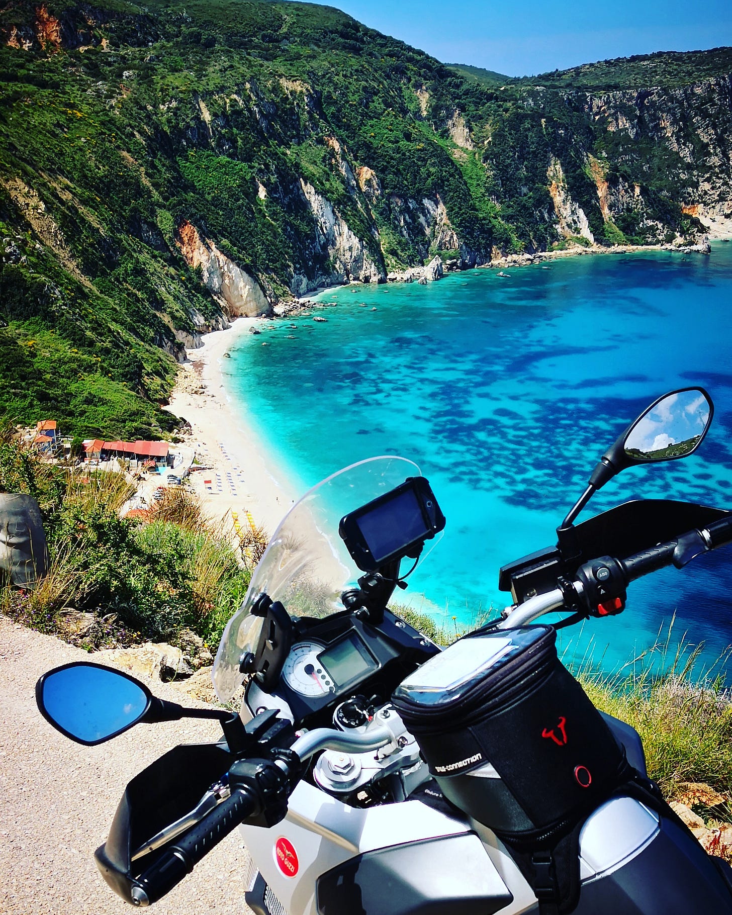 beach, motorcycle, moto guzzi, kefalonia, greece