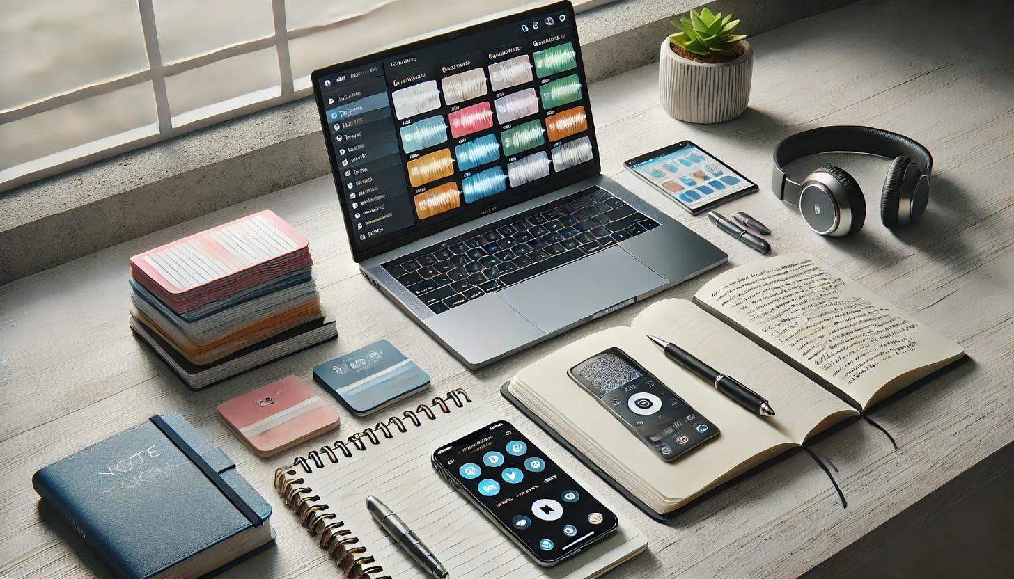 A workspace showing different note-taking methods: a stack of physical flashcards, an open notebook with a pen, a smartphone displaying a voice recorder app, and a laptop open with multiple windows showing different digital note-taking applications. Clean, professional setup with natural lighting. Provide this scene in a landscape orientation.