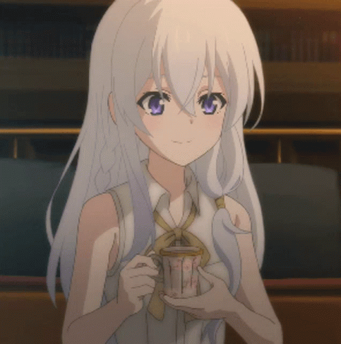 a girl with white hair and purple eyes holds a cup a girl with white hair and purple eyes holds a cup