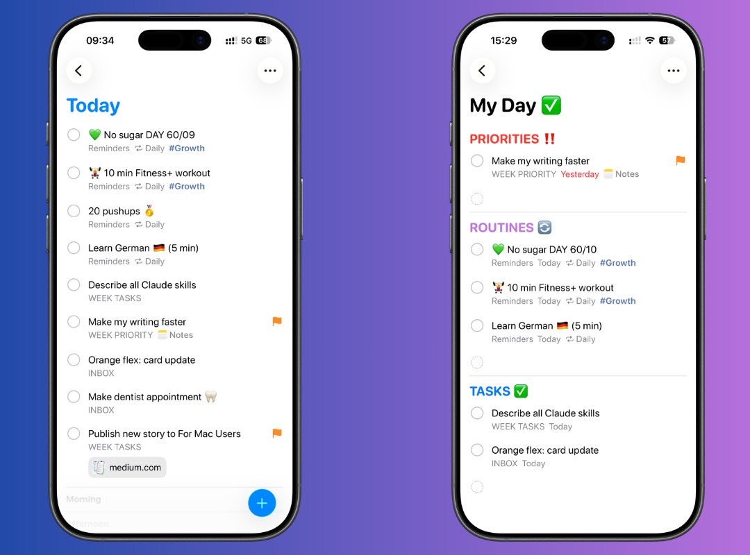 Apple Reminders displayed on two iPhones comparing the default Today List vs custom Today view. Apple Reminders displayed on two iPhones comparing the default Today List vs custom Today view.