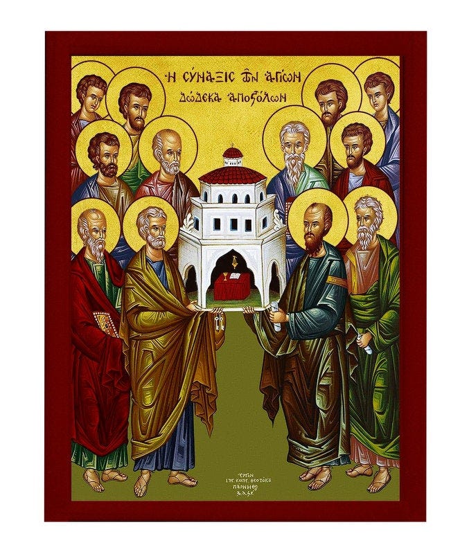 Synaxis of the Apostles icon, Handmade Greek Orthodox Icon of the Gathering  of the 12 Apostles, Byzantine art wall hanging wood plaque