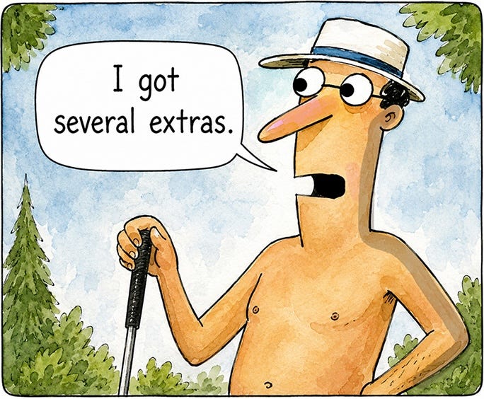 Panel 2: Another golfer smiles and says, “I got several extras.” Panel 2: Another golfer smiles and says, “I got several extras.”