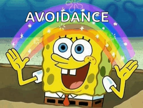 SpongeBob meme with rainbow background and the word 'Avoidance' above him SpongeBob meme with rainbow background and the word 'Avoidance' above him