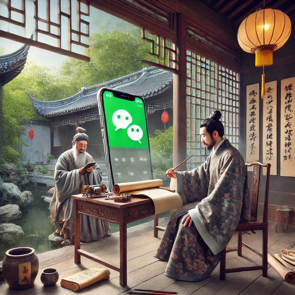A whimsical and anachronistic image of a scholar in ancient China dressed in traditional flowing robes, sitting at a wooden desk with scrolls and ink brushes nearby. The scholar is holding a modern smartphone and using WeChat, with a glowing screen and a visible app interface. The scene combines traditional Chinese elements such as wooden lattice windows, calligraphy tools, and bamboo plants with the modern device. The background shows a serene outdoor garden typical of ancient China, with a small pond and stone lanterns, blending history and modern technology.