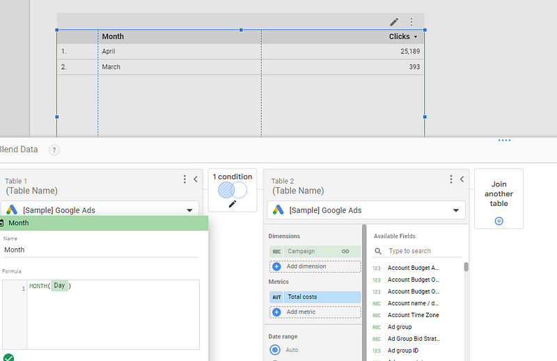 looker studio blended data week month create calculated field