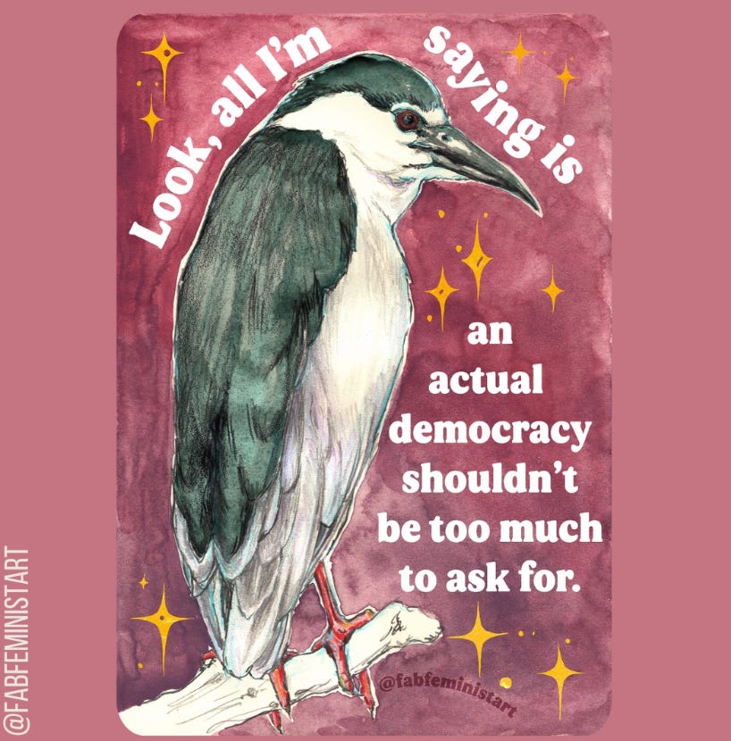 picture of bird with sparkles. Text says "look, all i'm saying is an actual democracy shouldn't be too much to ask for" picture of bird with sparkles. Text says "look, all i'm saying is an actual democracy shouldn't be too much to ask for"