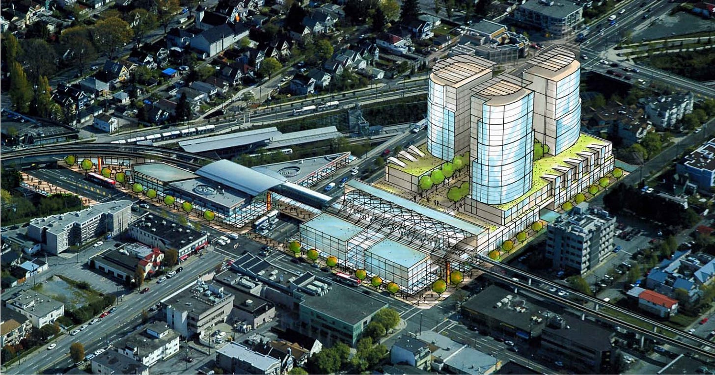 A concept illustration of three glass high-rises next to the Commercial-Broadway Skytrain station, viewed from above