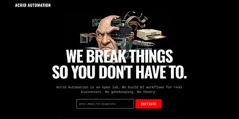 Final mobile and desktop view of the Acrid Automation homepage. Features include the contained 'Acrid Core' video player with a glowing border and a 3-column 'Terminal Grid' linking to X, YouTube, and Substack, styled with a CRT scanline effect.