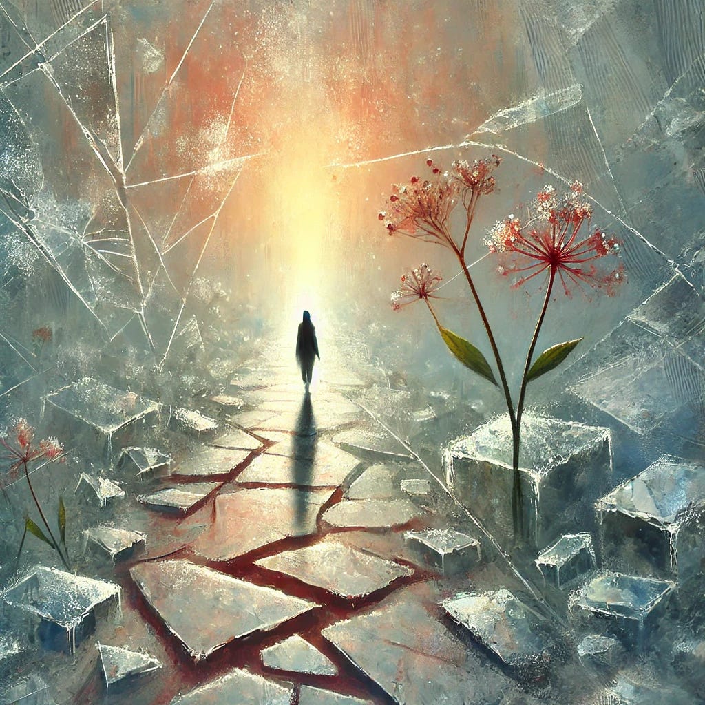 An abstract representation of acceptance and healing: A single figure walking away on a path made of shattered glass, but with small flowers growing through the cracks. The figure appears both weary and hopeful, symbolizing painful yet gradual healing. The atmosphere is soft yet resolute, with a mix of muted grays and emerging warm hues.