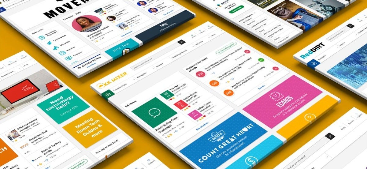 A composition of multiple floating website interfaces displayed on a yellow background, featuring various designs and themes, including company logos and user interface elements.