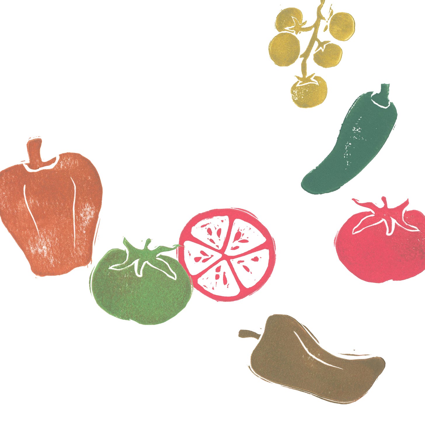 White background with hand-stamped prints of vegetables, including peppers and tomatoes.