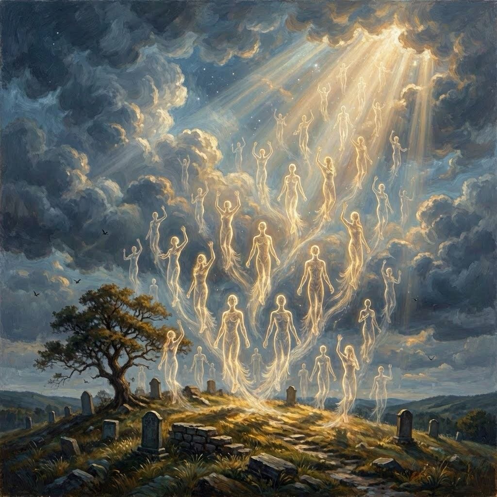 An image of souls flying freely into the heavens 
