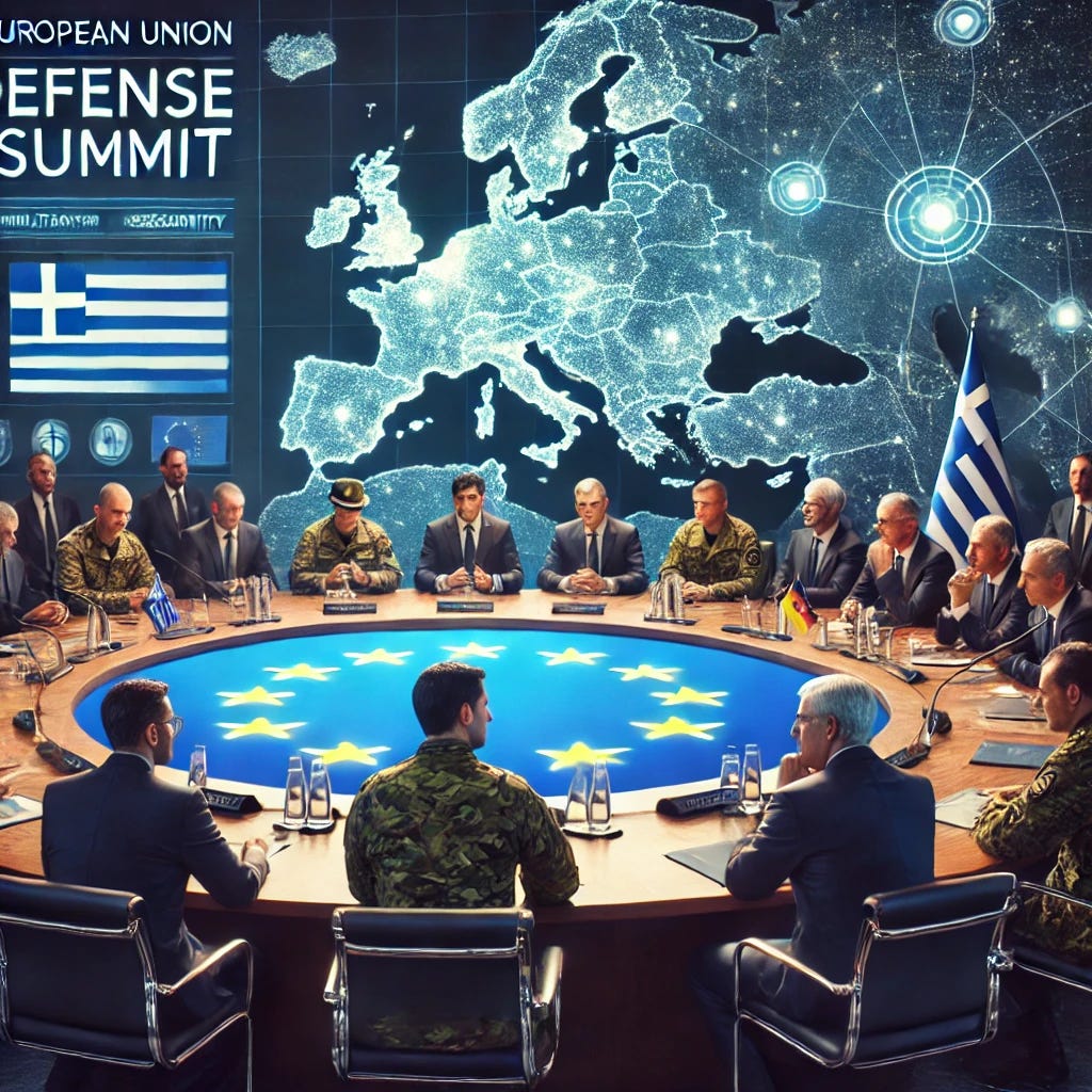 A conceptual image depicting a European Union defense summit with leaders gathered around a large conference table. Greek Prime Minister Kyriakos Mitsotakis is prominently featured, discussing military funding and European security. A digital map of Europe with defense-related markers is projected on a large screen. The atmosphere is serious and diplomatic, with European flags in the background. A conceptual image depicting a European Union defense summit with leaders gathered around a large conference table. Greek Prime Minister Kyriakos Mitsotakis is prominently featured, discussing military funding and European security. A digital map of Europe with defense-related markers is projected on a large screen. The atmosphere is serious and diplomatic, with European flags in the background.