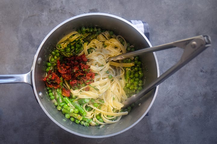 Ingredients for Fettuccine with Spring Vegetables & Bruschetta