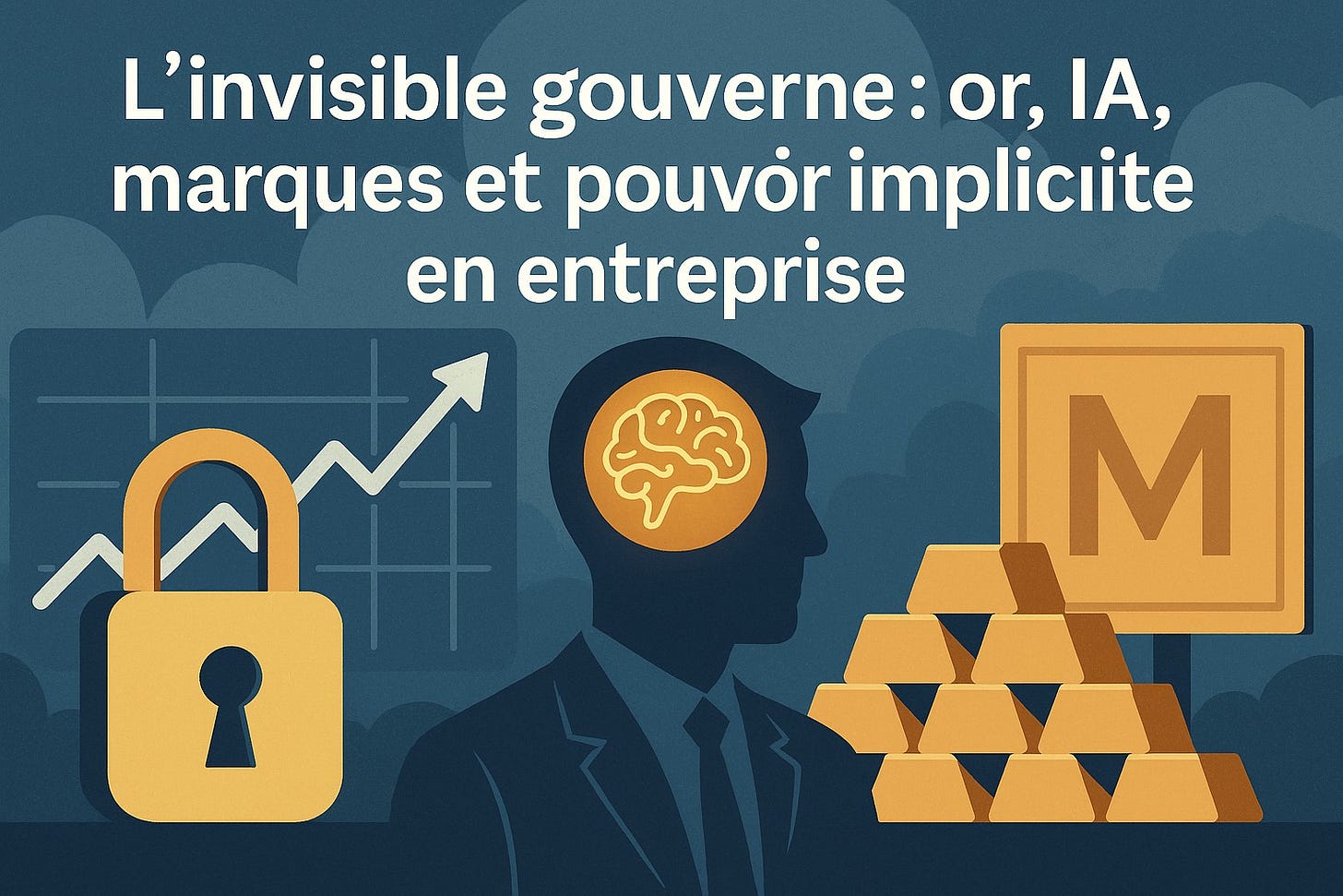 Illustration sur la gouvernance implicite en entreprise, avec des symboles d’intelligence artificielle, d’or, de stratégie et de pouvoir invisible Illustration sur la gouvernance implicite en entreprise, avec des symboles d’intelligence artificielle, d’or, de stratégie et de pouvoir invisible