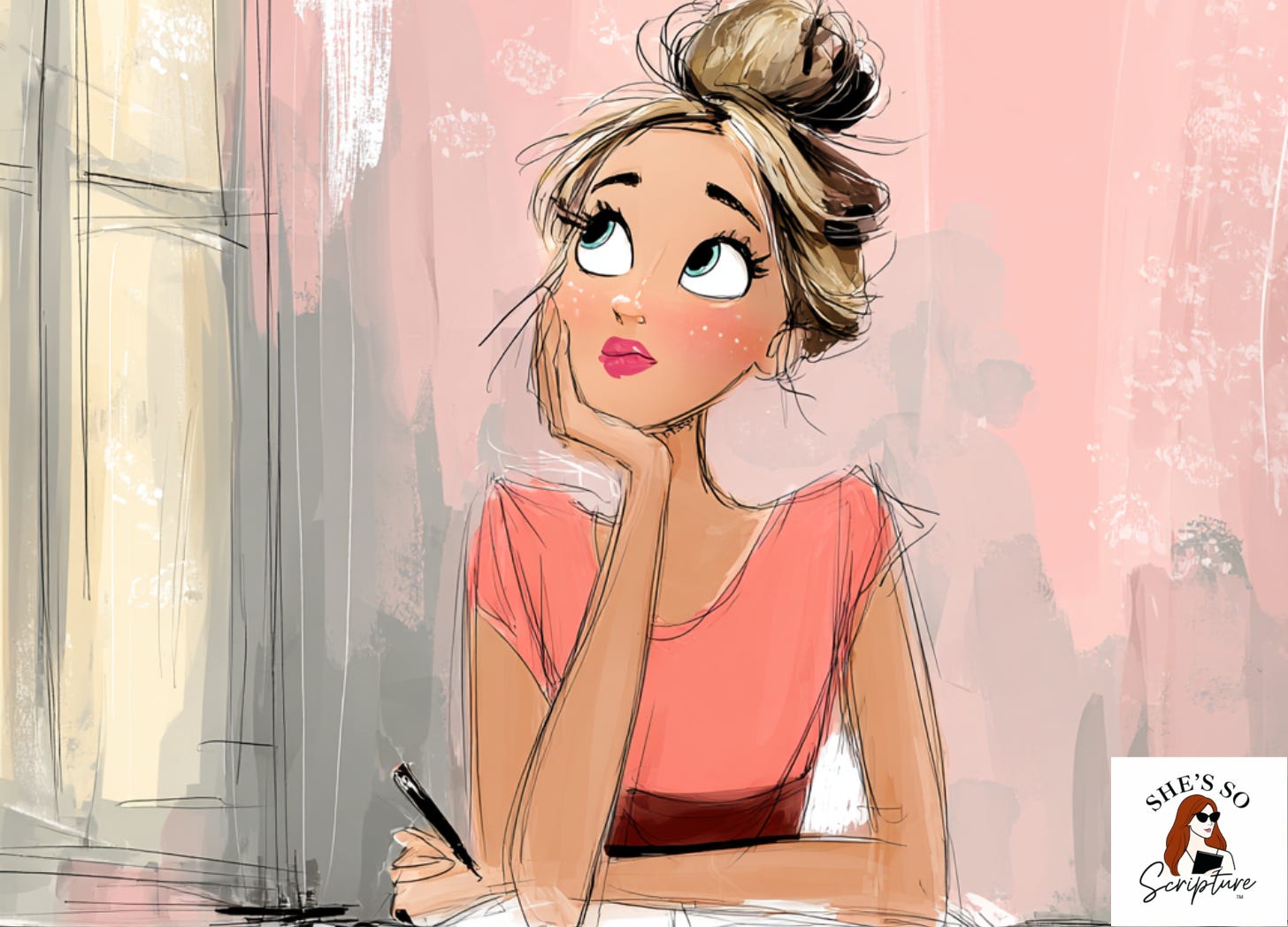 Illustrated woman seated at a desk by a window, open Bible before her and pen in hand, gazing upward in quiet contemplation, soft morning light, watercolor and ink style in blush pink and cream tones. Illustrated woman seated at a desk by a window, open Bible before her and pen in hand, gazing upward in quiet contemplation, soft morning light, watercolor and ink style in blush pink and cream tones.