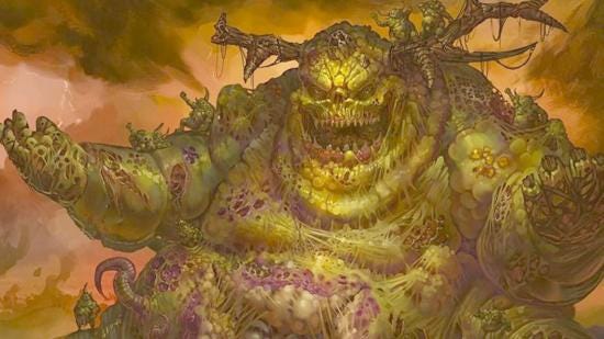 Warhammer 40k Nurgle guide - Games Workshop artwork showing Papa Nurgle in the Garden of Nurgle