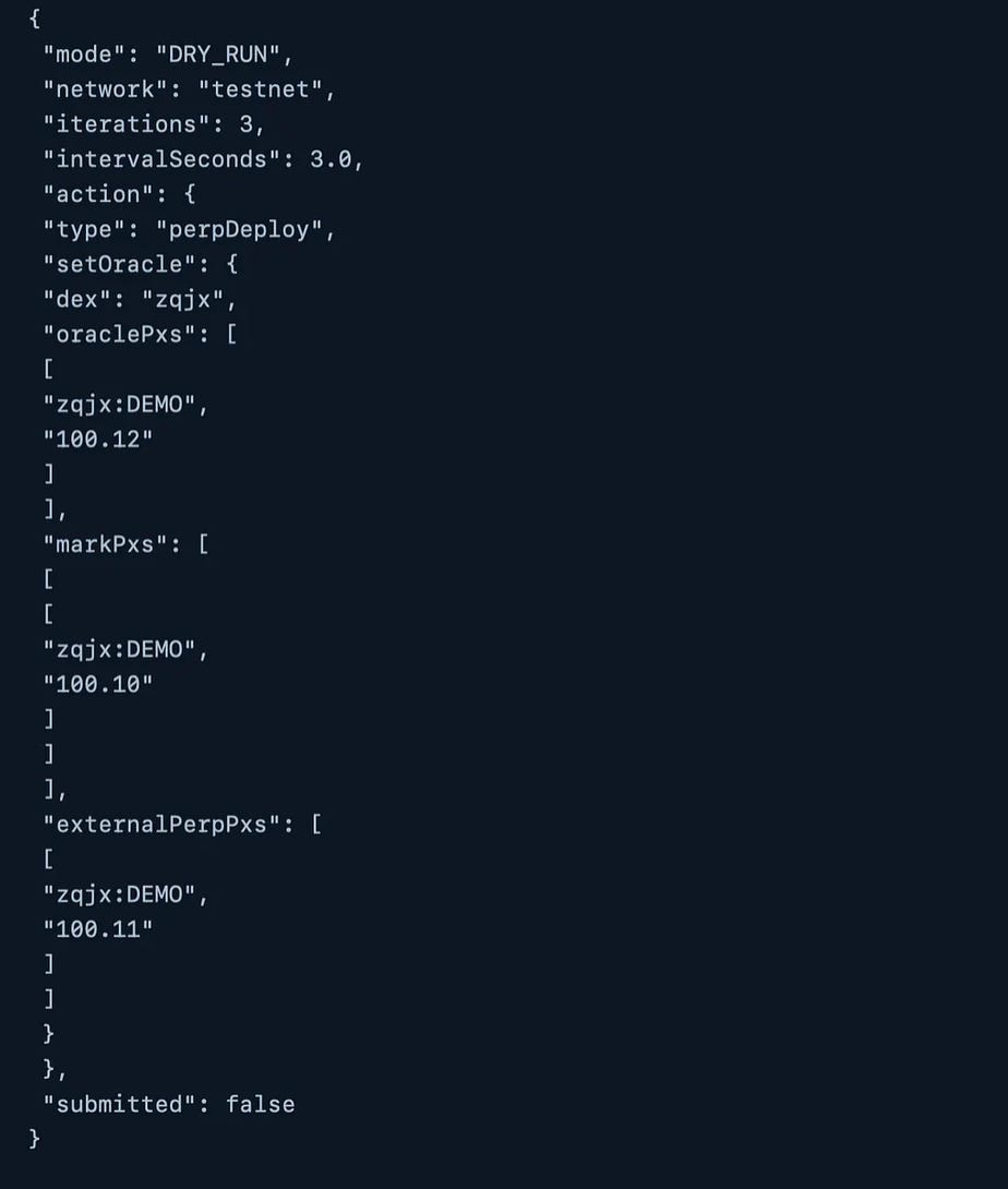 JSON dry-run output showing the setOracle action for zqjx:DEMO with oraclePx 100.12, markPx 100.10, and externalPerpPx 100.11, configured for 3 iterations at 3-second intervals