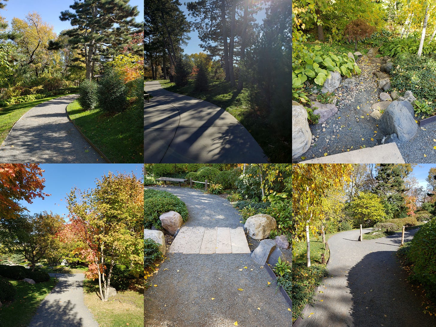 A six photo collage of various parts of the path. There are a variety of surfaces including flat asphalt, segmented concrete with cracks, gravel, and wooden planks. A six photo collage of various parts of the path. There are a variety of surfaces including flat asphalt, segmented concrete with cracks, gravel, and wooden planks.