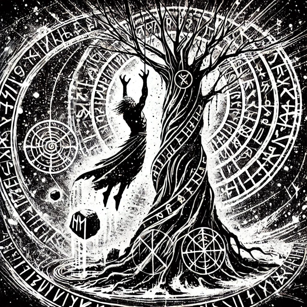 A Norse mythology-inspired illustration in black-and-white ink splatter style, similar to runic and ancient Viking artwork. The image depicts Odin hanging from Yggdrasil, the World Tree, in a symbolic act of sacrifice and enlightenment. The scene is highly stylized with intricate runes surrounding Odin, symbolizing the knowledge he is about to receive. The background consists of abstract swirling patterns evoking the cosmic and mystical nature of Yggdrasil. The artwork maintains a raw, expressive, and bold composition, reminiscent of traditional Nordic carvings and ink illustrations.