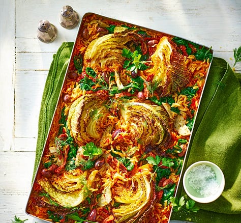 six piectures of cabbage recipes as listed below this image