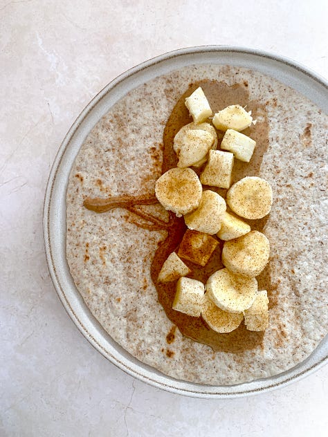 3 breakfast images: Spanish omelette, hummus and avocado on toast, banana and almond butter wrap.