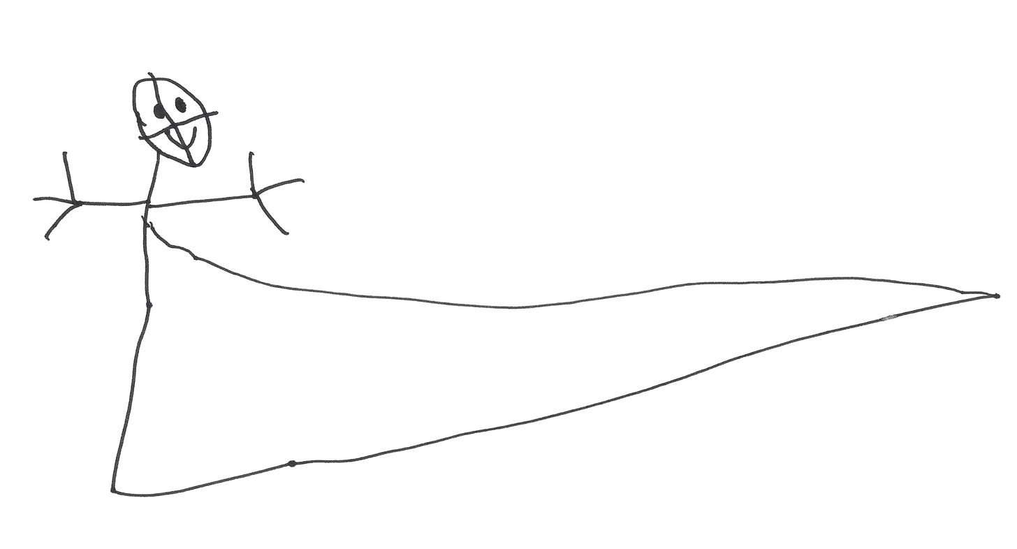 A child’s drawing of a bald stick figure in what could be a wedding gown