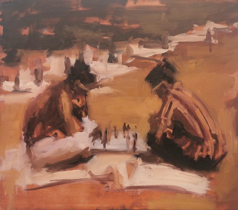 May include: Oil painting depicting two figures seated, engrossed in a game of chess.  The figures are rendered in dark browns and muted earth tones against a background of a tan landscape. The painting style is loose and impressionistic, with visible brushstrokes. The overall color palette is warm and subdued, creating a contemplative mood. The chessboard and pieces are subtly suggested within the composition.
