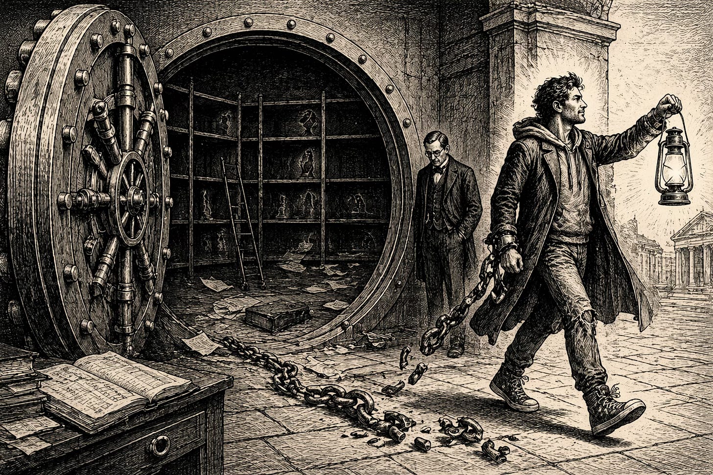 Thomas Nast engraving of a creator walking out of an empty bank vault carrying a lantern with broken contract chains trailing behind, illustrating why multi-channel network rosters decay as creators exit while music catalogs and IP libraries compound. Thomas Nast engraving of a creator walking out of an empty bank vault carrying a lantern with broken contract chains trailing behind, illustrating why multi-channel network rosters decay as creators exit while music catalogs and IP libraries compound.
