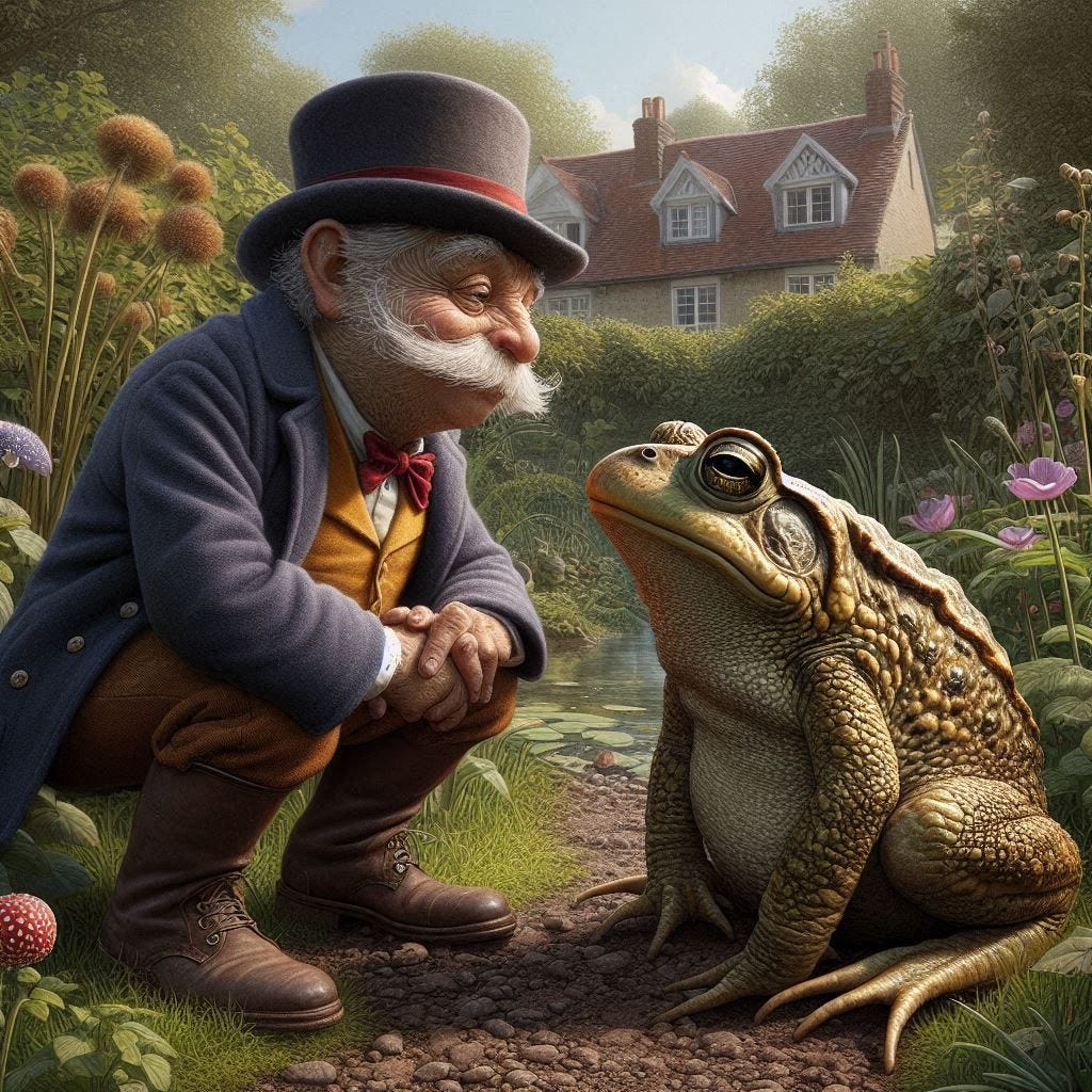 kenneth grahame's mr. toad meeting a real toad in an imaginary garden photorealistic