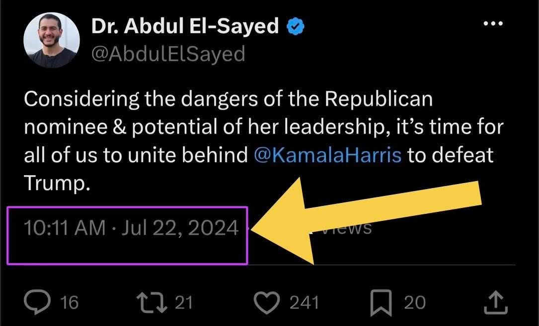 Photo by Qasim Rashid on August 05, 2026. May be a Twitter screenshot of text that says 'Dr. Abdul El-Sayed @AbdulElSayed ··· Considering the dangers of the Republican nominee & potential of her leadership, it's time for all of us to unite behind @KamalaHarris to defeat Trump. 10: 10:11/ AM Jul 2024 721'. Photo by Qasim Rashid on August 05, 2026. May be a Twitter screenshot of text that says 'Dr. Abdul El-Sayed @AbdulElSayed ··· Considering the dangers of the Republican nominee & potential of her leadership, it's time for all of us to unite behind @KamalaHarris to defeat Trump. 10: 10:11/ AM Jul 2024 721'.