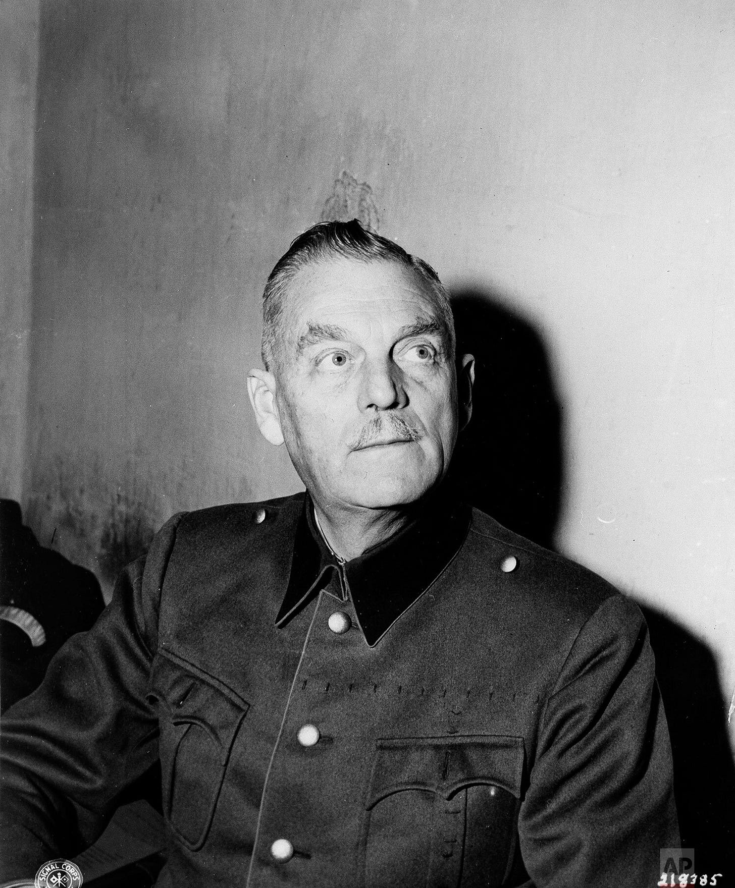 Field Marshal Wilhelm Keitel, a prominent defendant, photographed in his Nuremberg city jail cell on November 24, 1945, awaiting trial by the International Military Tribunal.
