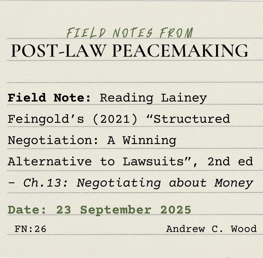 A square, lined index card on which is typed: “Field Notes from Post-Law Peacemaking” Field Note: Reading Lainey Feingold’s (2021) “Structured Negotiation: A Winning Alternative to Lawsuits”, 2nd ed - Ch.13: Negotiating about Money Date: 23 September 2025 FN:26	Andrew C. Wood