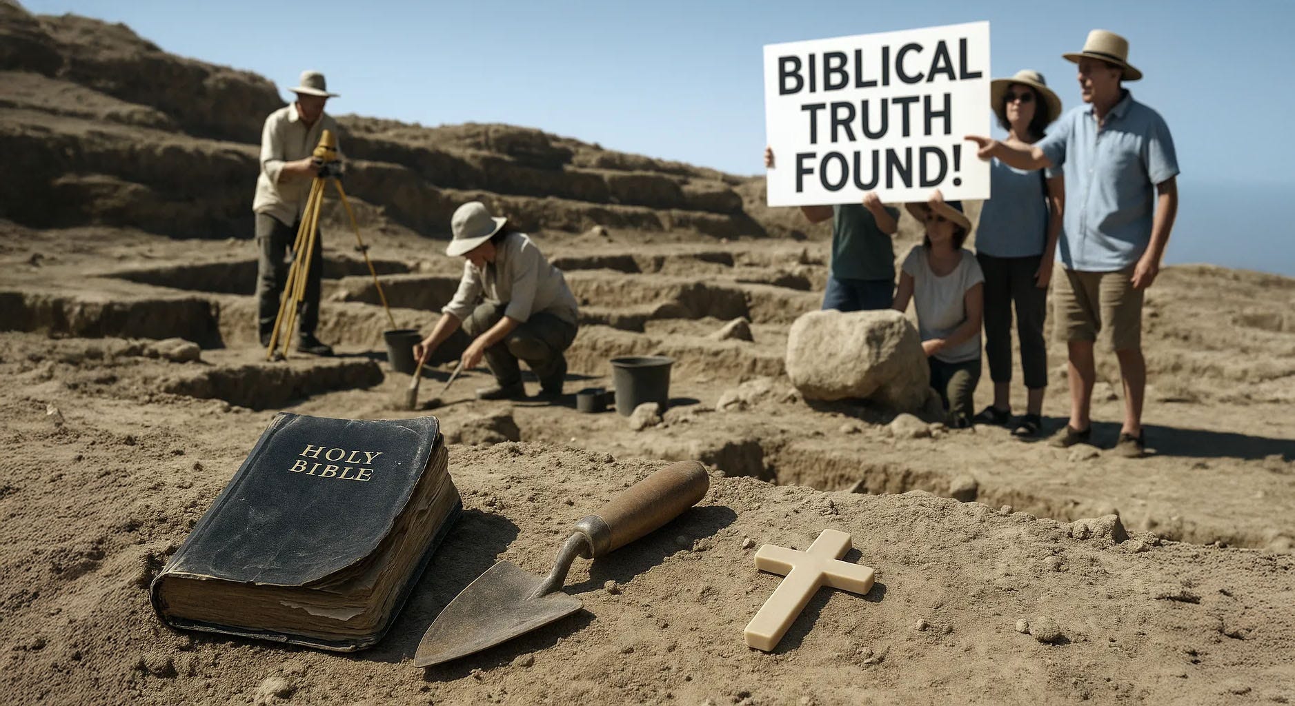 An archaeological dig site where a worn Bible, a trowel, and a plastic cross lie in the dirt while archaeologists work in the background and tourists misinterpret findings.