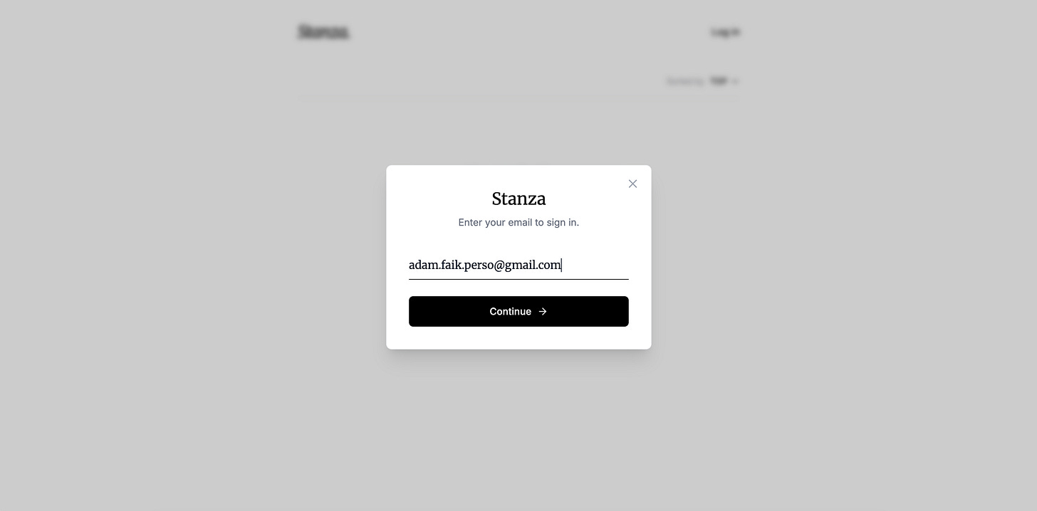 A popup window displays a text input field for an email address and a black continue button. A popup window displays a text input field for an email address and a black continue button.