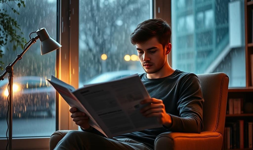 Young man reading technical journal in the chair near the window. There is a pouring rain outside. There is a floor lamp near the chain and bookcase in the background.  (AI generated)
