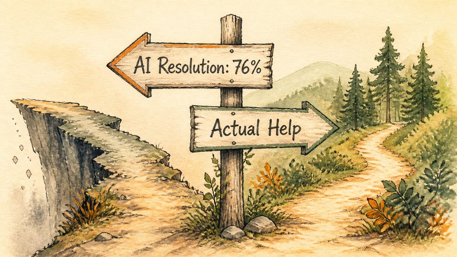 A signpost showing one path toward a cliff labeled "AI resolution rate: 76%" and another safe path labeled "actual customer help," illustrating the gap between AI deflection metrics and real support.