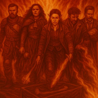 Create an image of Fleetwood, Clarion, Silverleaf, Felonious, and Greegan walking away from an explosion in classic action movie style, with Clarion holding a mace instead of a sword, and Greegan wearing a rogue's darksuit and searching the burning coffin shop