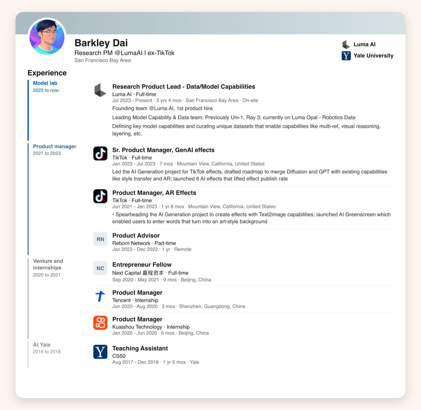 Barkley Dai on LinkedIn, rebuilt from his public profile, October 2026 Barkley Dai on LinkedIn, rebuilt from his public profile, October 2026
