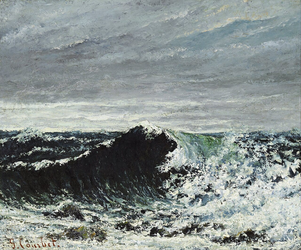A single dark green wave crests and breaks under a heavy, stormy sky on an empty shore A single dark green wave crests and breaks under a heavy, stormy sky on an empty shore