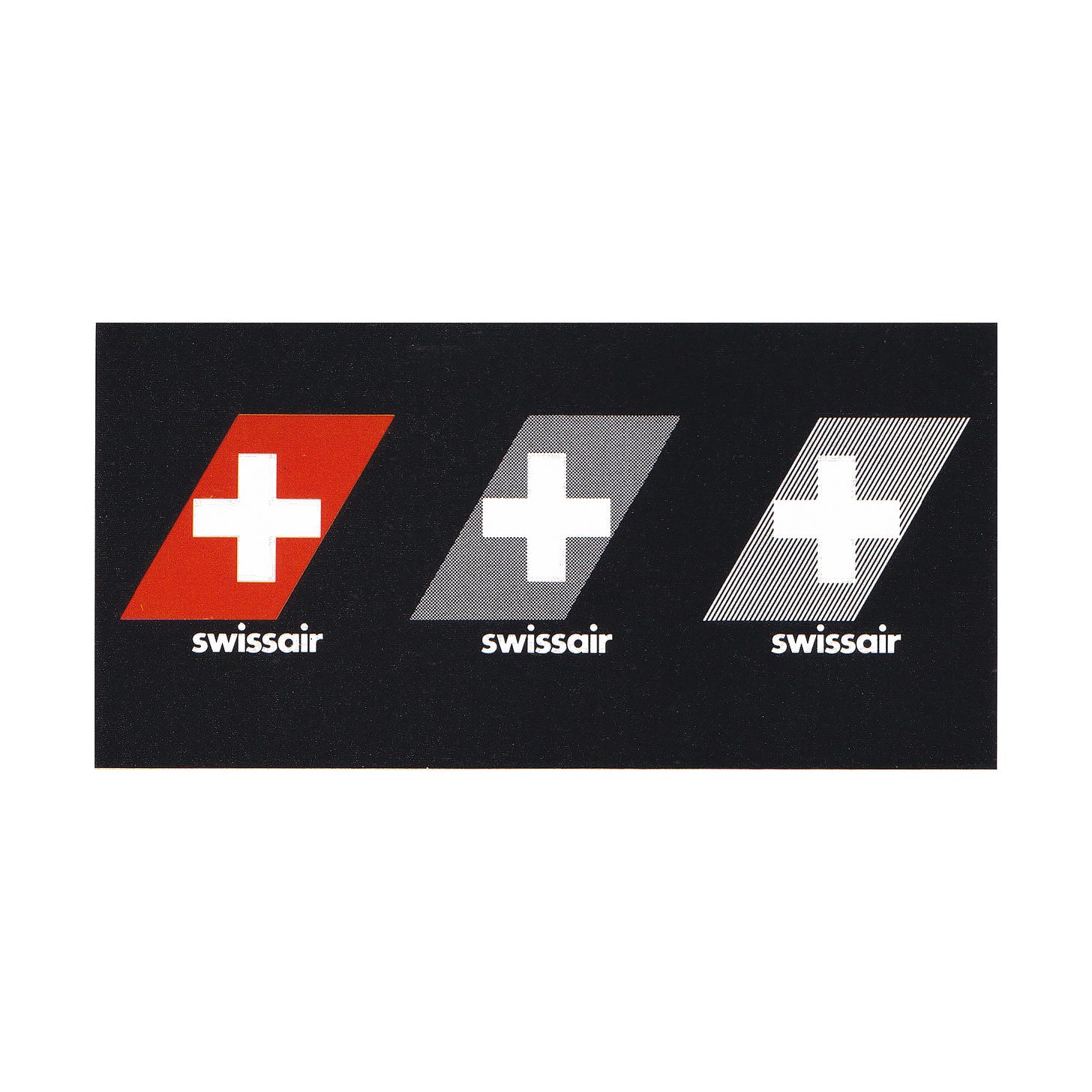 Three versions of the Swissair logo. One in full colour, the second in a half tone, and the last a stripped version. Each created for different sized applications