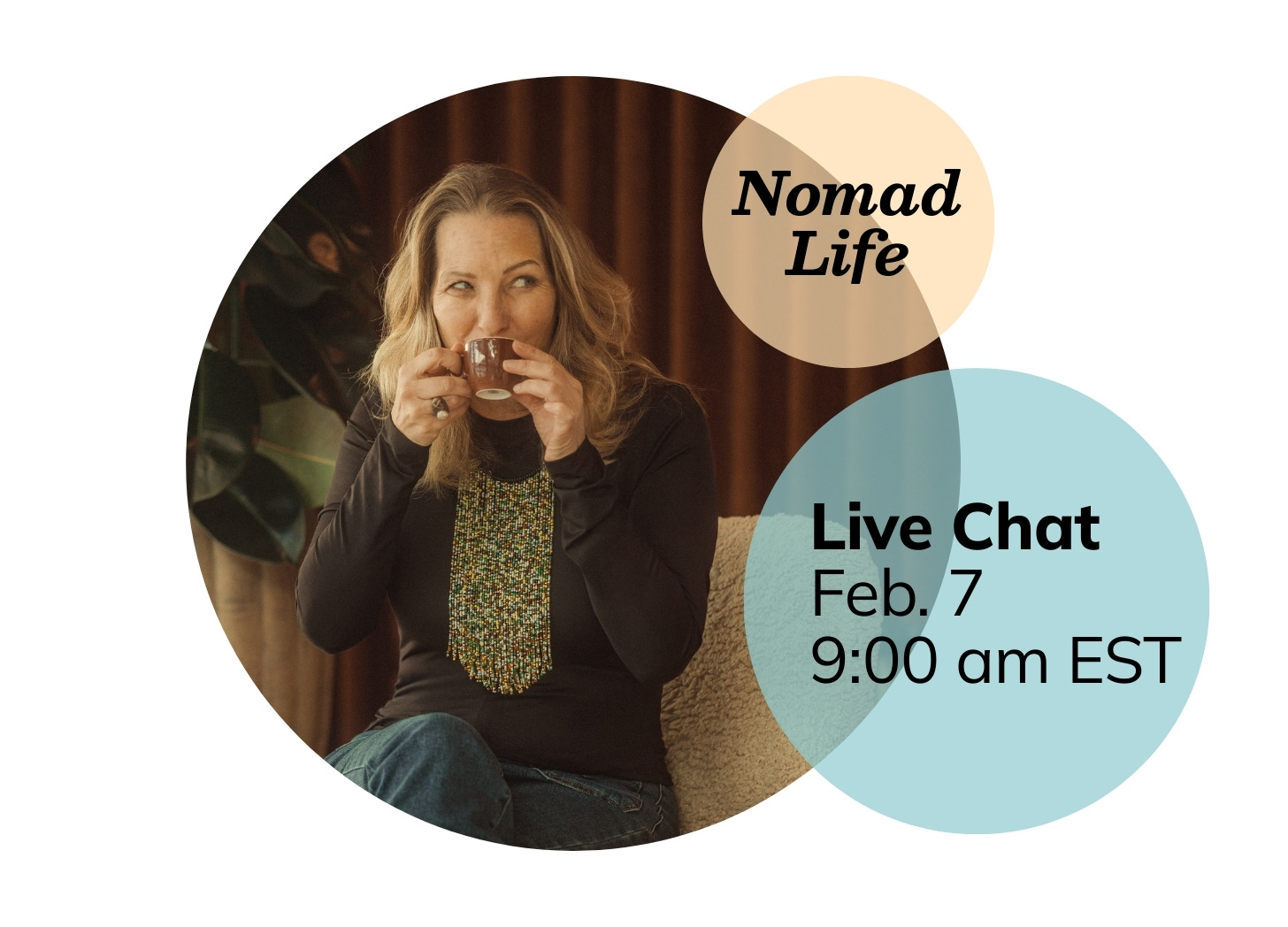 Blond-haired white woman sitting in a café drinking an espresso. She is wearing a black top and jeans, with a colorful beaded necklace and is looking sideways, her face partially hidden by the cup of coffee. 