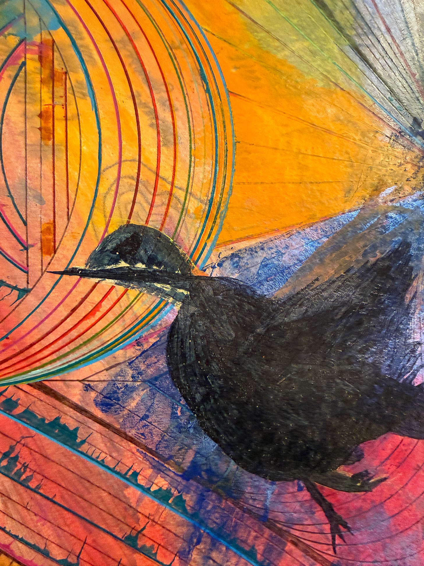 An abstract painting on paper, with oranges and blues and a black shape representing a bird. Painted by Jody Crowley. Named, "Black Bird." An abstract painting on paper, with oranges and blues and a black shape representing a bird. Painted by Jody Crowley. Named, "Black Bird."